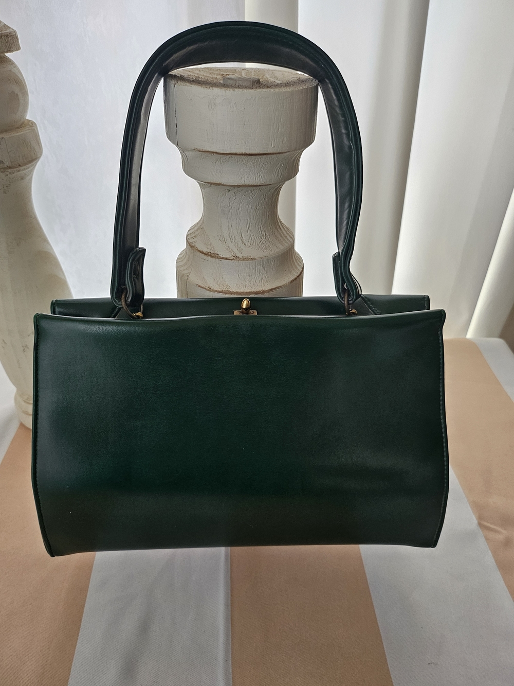 Dark Kelly Green Structured Top Handle Satchel Handbag Quilted Leather - Picture 5 of 15